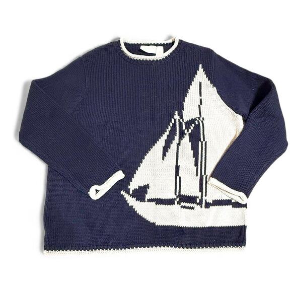 Liz Claiborne Liz&Co XL Sweater 100% Cotton Navy Nautical Sailboat Knit Pullover - Picture 4 of 5